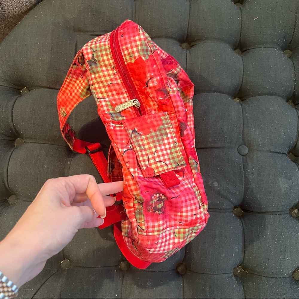 LeSportSac RARE Red Plaid Roses mini Backpack - Picture 2 of 6